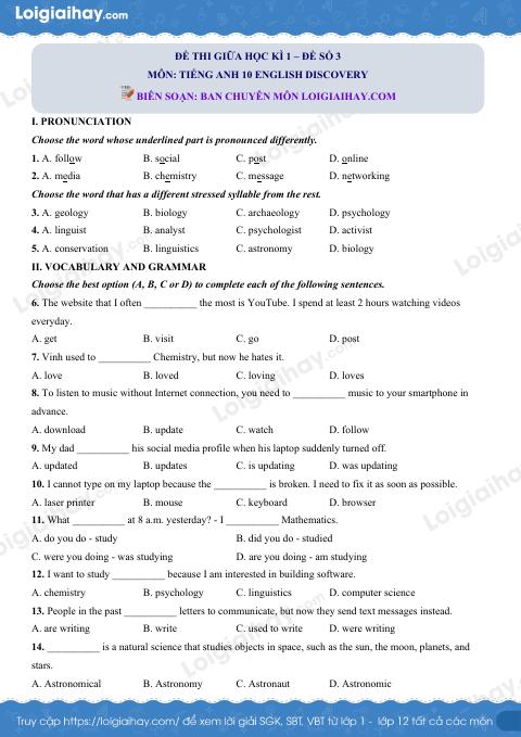 Đề thi giữa kì 1 Tiếng Anh 10 English Discovery - Đề số 3